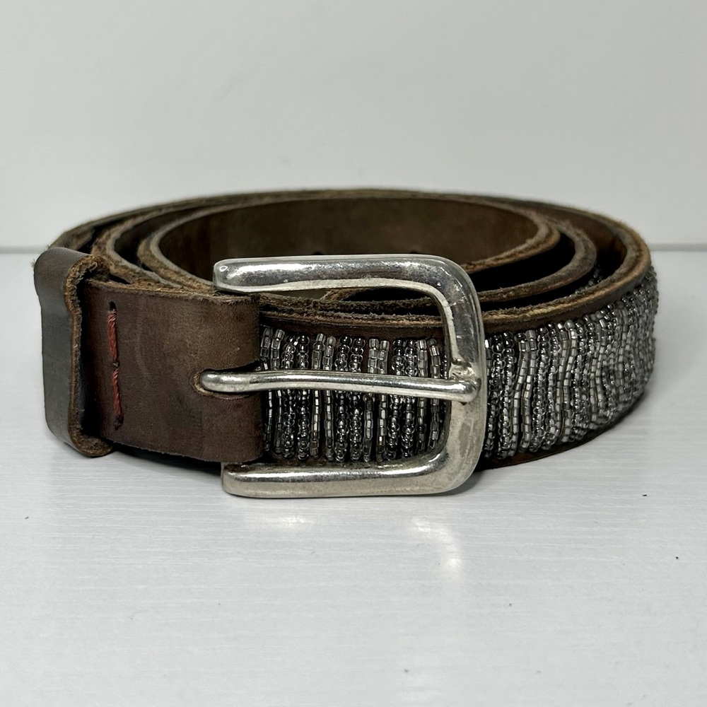 Aspiga Silver Beaded Dark Brown Leather Bohemian Belt Medium